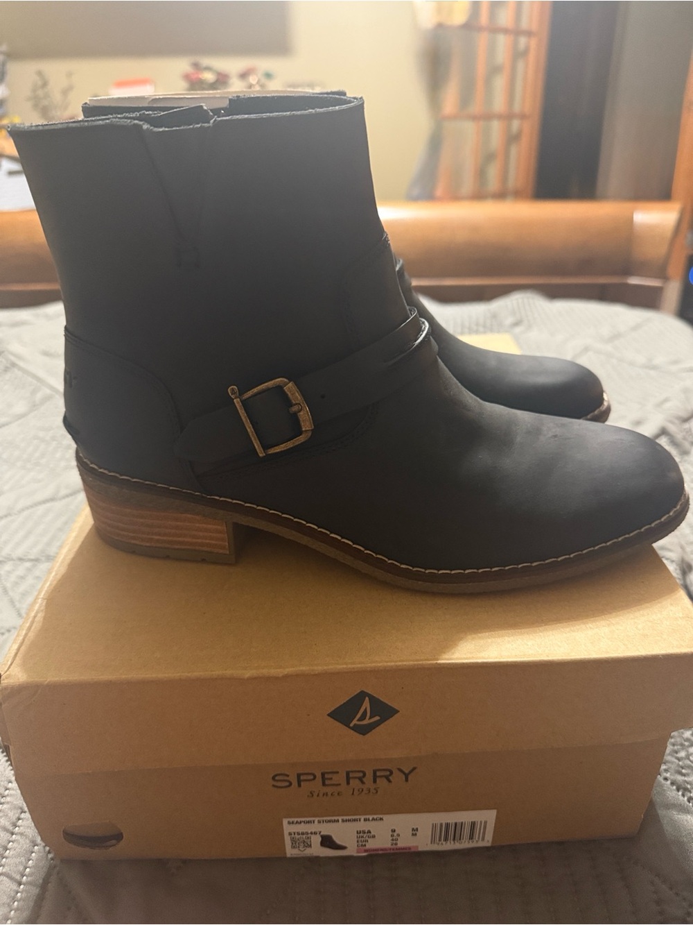 Sperry Black Leather Ankle Booties with Buckle Strap